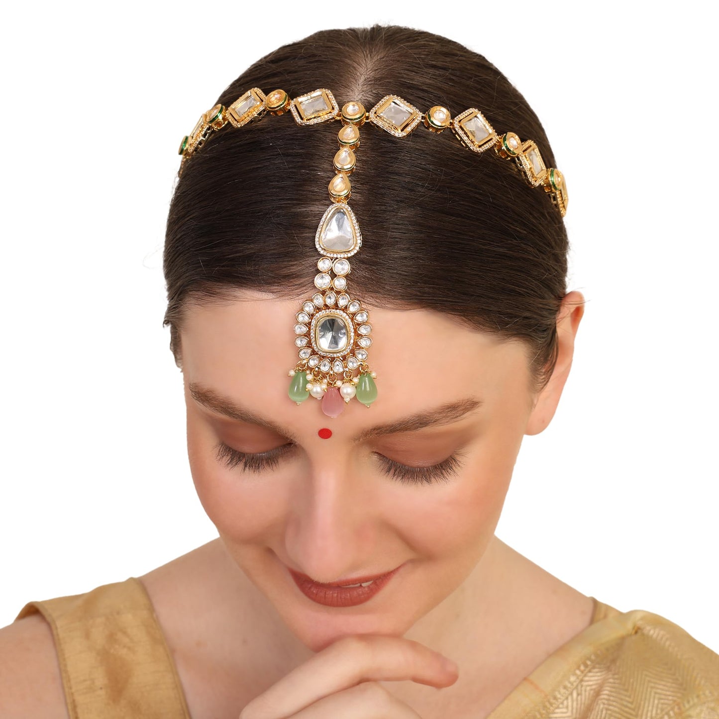 Kundan Pink and Green Mathapatti / Sheeshfool