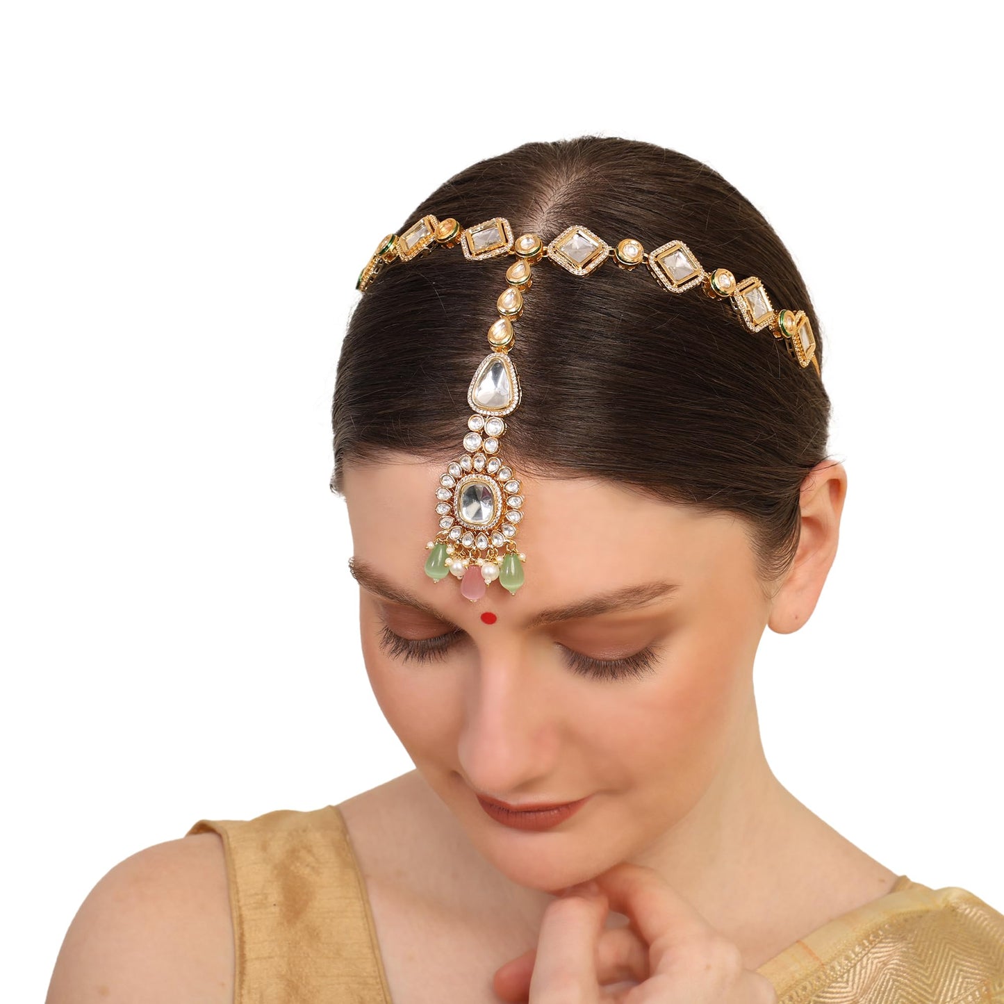 Kundan Pink and Green Mathapatti / Sheeshfool