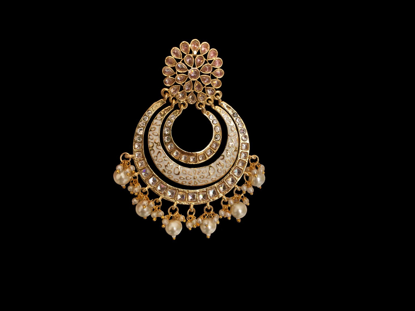 Jewellity White and Gold Jaipuri Handpainted Chandbali Exclusive Designer Dangler Earrings For Women and Girls ERG-169