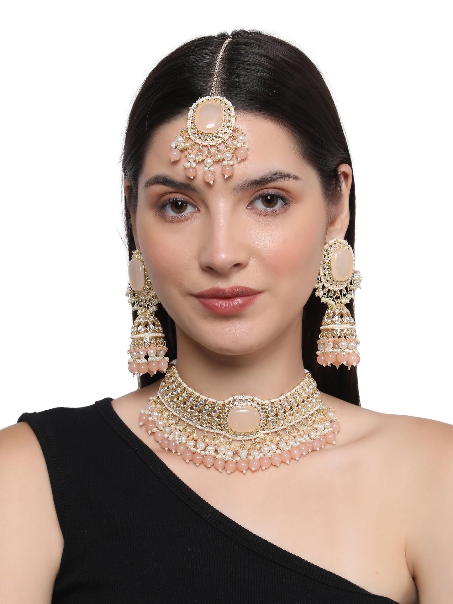 Jewellity Peach and Gold Designer Choker Necklace With Earrings and Tika For Women/Girls NSTK-5125