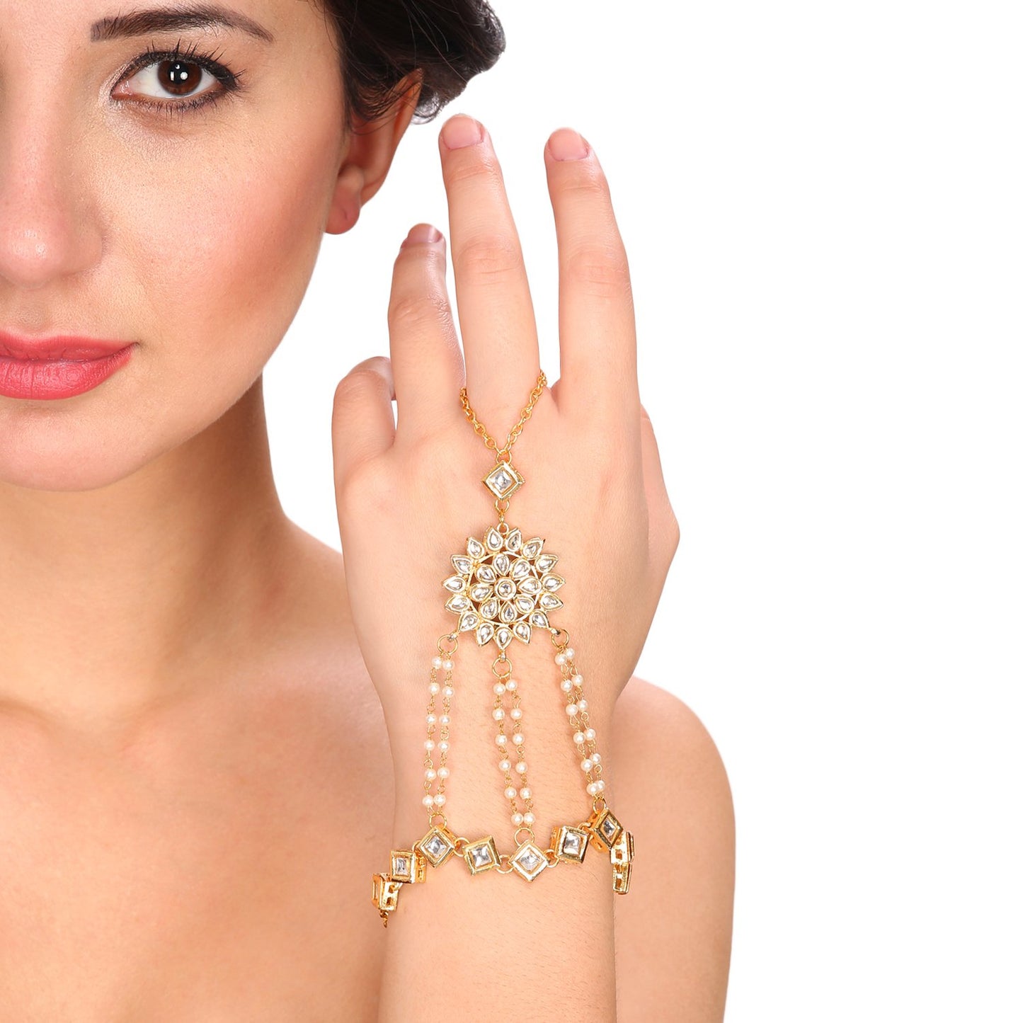 Jewellity Kundan Sunflower Handchain (Haathphool/Haathfool) Golden Bracelet Wedding Designer Traditional Cocktail Fusion wear Gifts for Women HCK-555