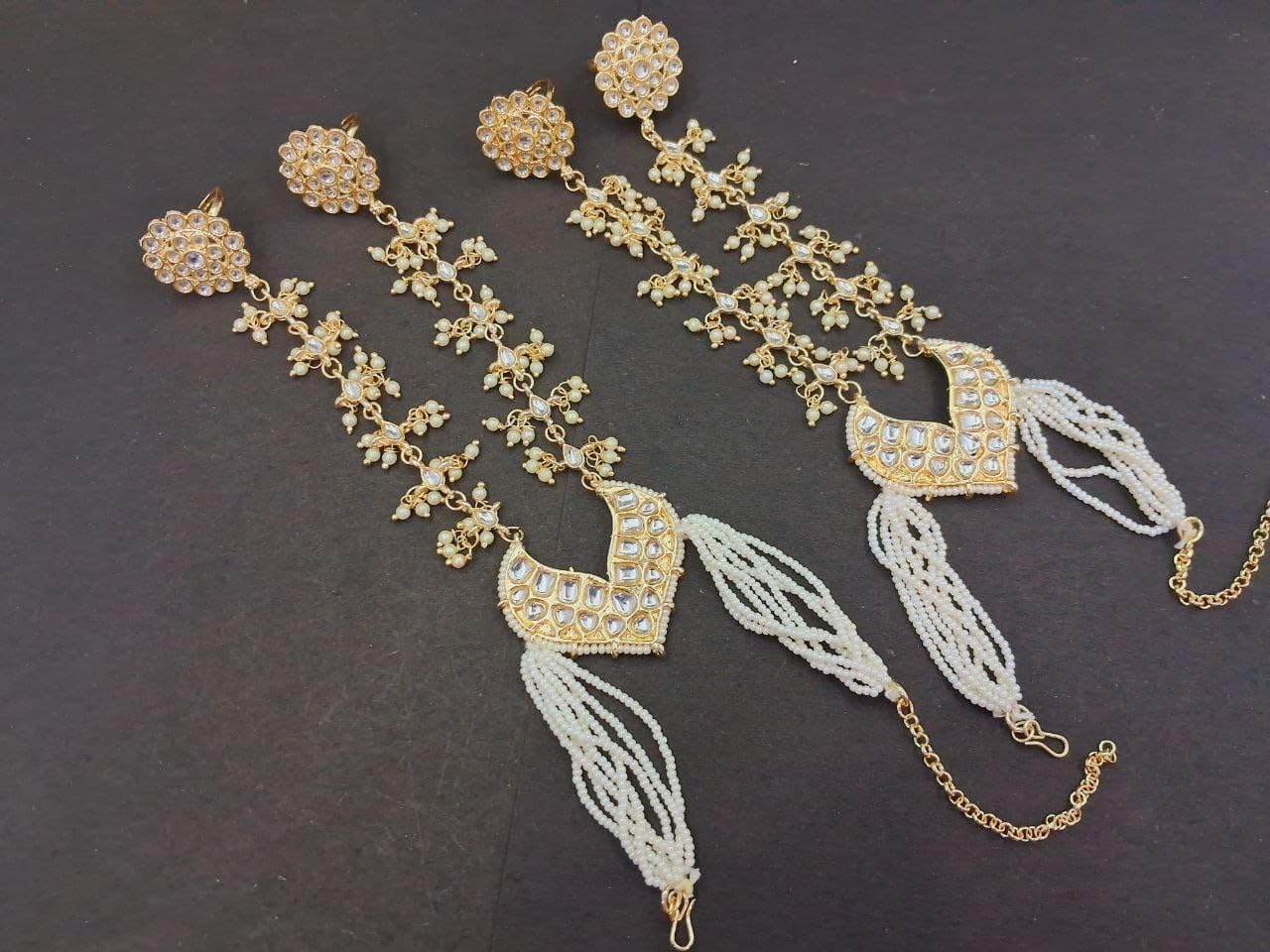 Jewellity White Kundan Hand Chain/Hathfool/Bracelet/Hand Harness with Two Rings, Pearl Chains, Chandbali Centrepiece, Bridal For Women/Girls HCK-5257