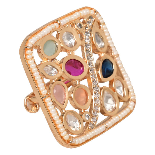 Jewellity Multicolour Stones Pink Blue Green with AD and Kundan adjustable Ring Gift for Women/Girls RG-1109