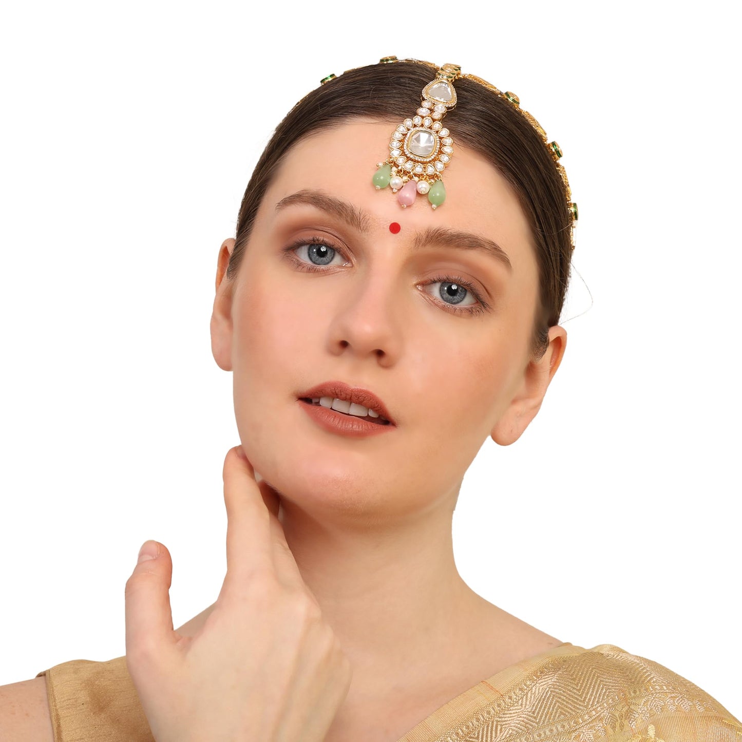 Kundan Pink and Green Mathapatti / Sheeshfool