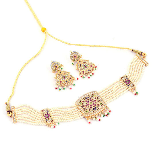 Jewellity Pearl Jadau Choker Necklace with Earrings, Gold Tone with Multicolour Gemstones For Women, Girls NSJ-906