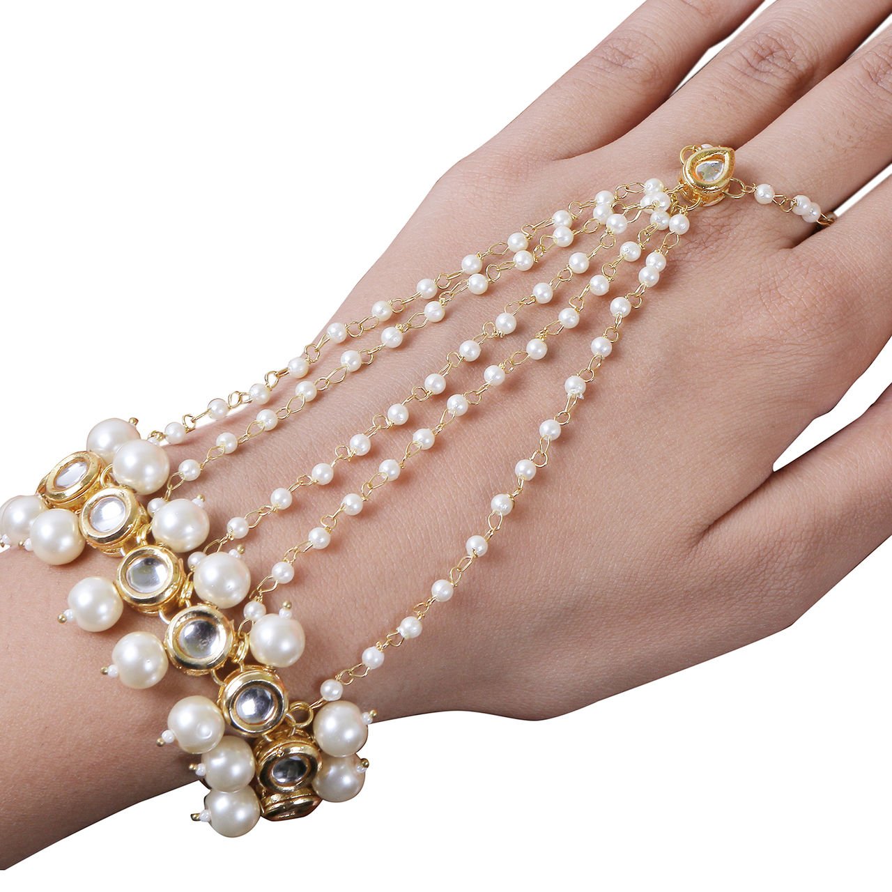 Jewellity Kundan and Pearl Bracelet/Handchain/Haathphool for Women/Girls HCK-526