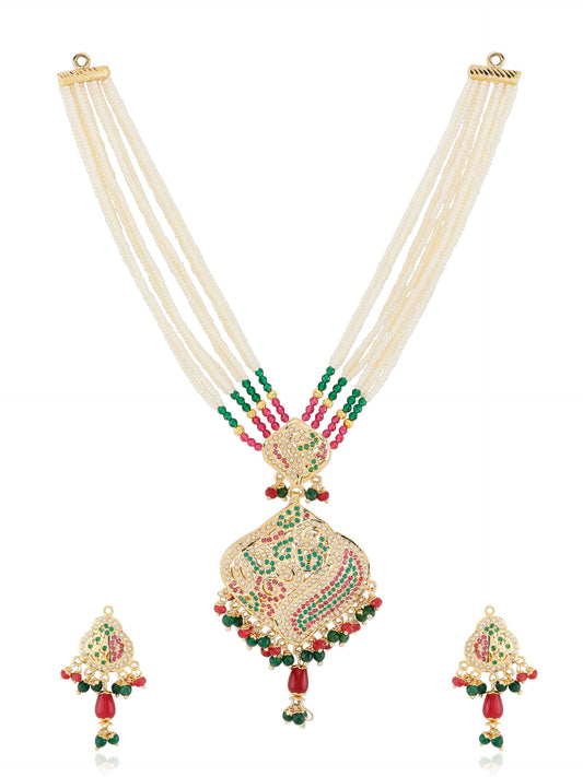 Jewellity Ruby Red, Green and White in Gold Designer Jadau Pendant Necklace With Earrings Set For Girls/Women PSJ-904