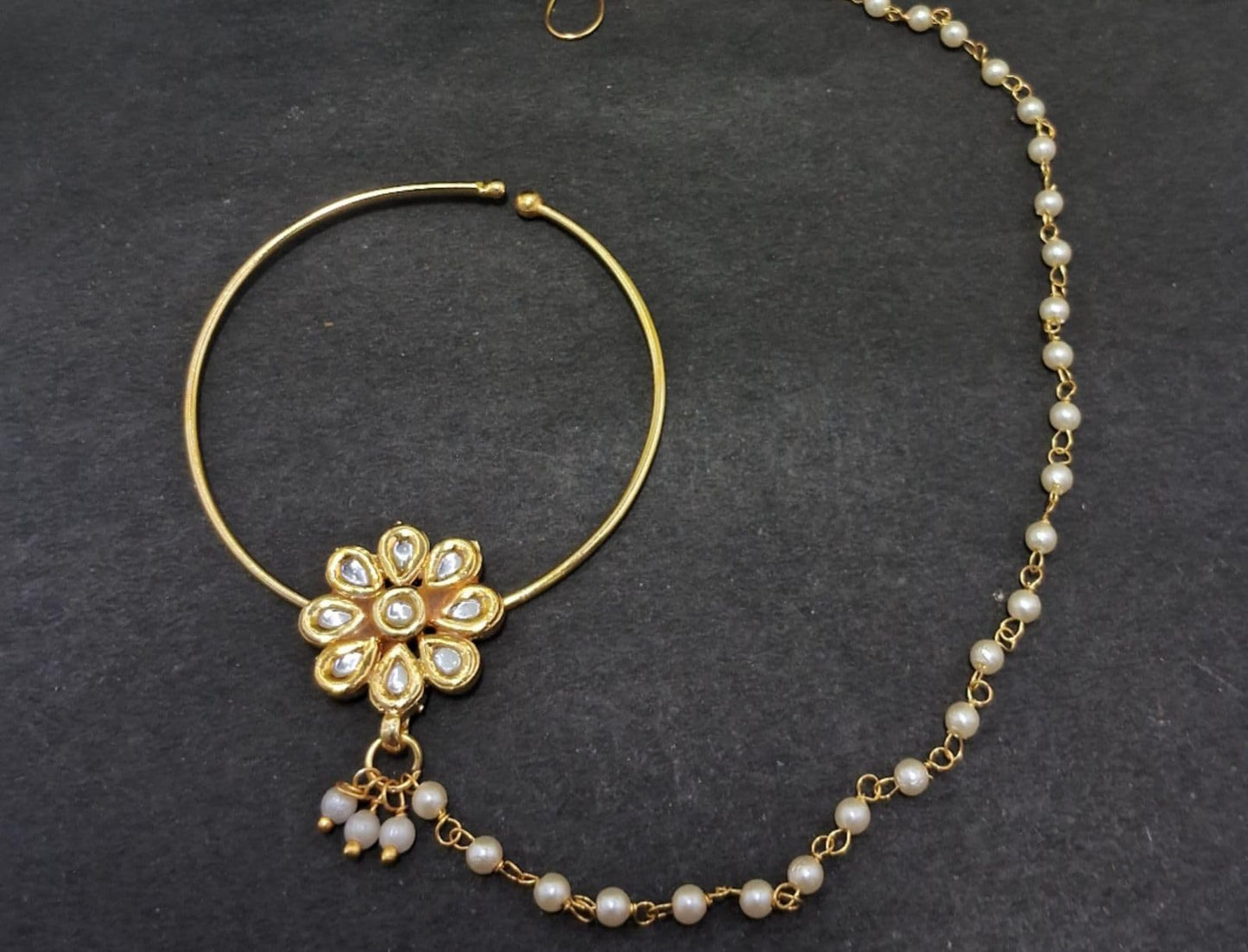 Kundan Motif Design Nose Ring with Pearl Chain