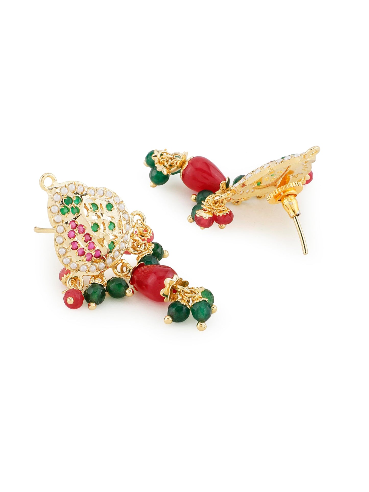 Jewellity Ruby Red, Green and White in Gold Designer Jadau Pendant Necklace With Earrings Set For Girls/Women PSJ-904