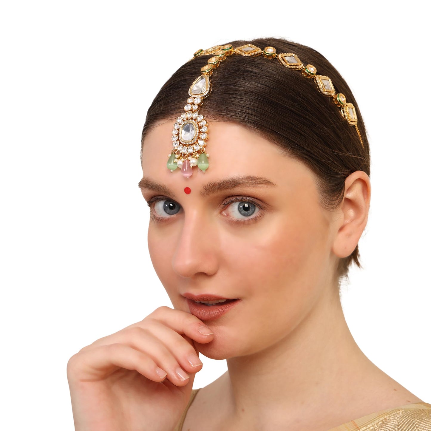 Kundan Pink and Green Mathapatti / Sheeshfool