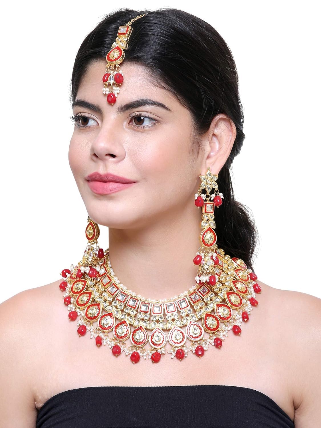 Jewellity Red And Golden Kundan Designer Traditional Necklace WIth Earring And Maang Tika Set For Wedding, Bridal, Engagement, Anniversary Jewellery For Womens And Girls