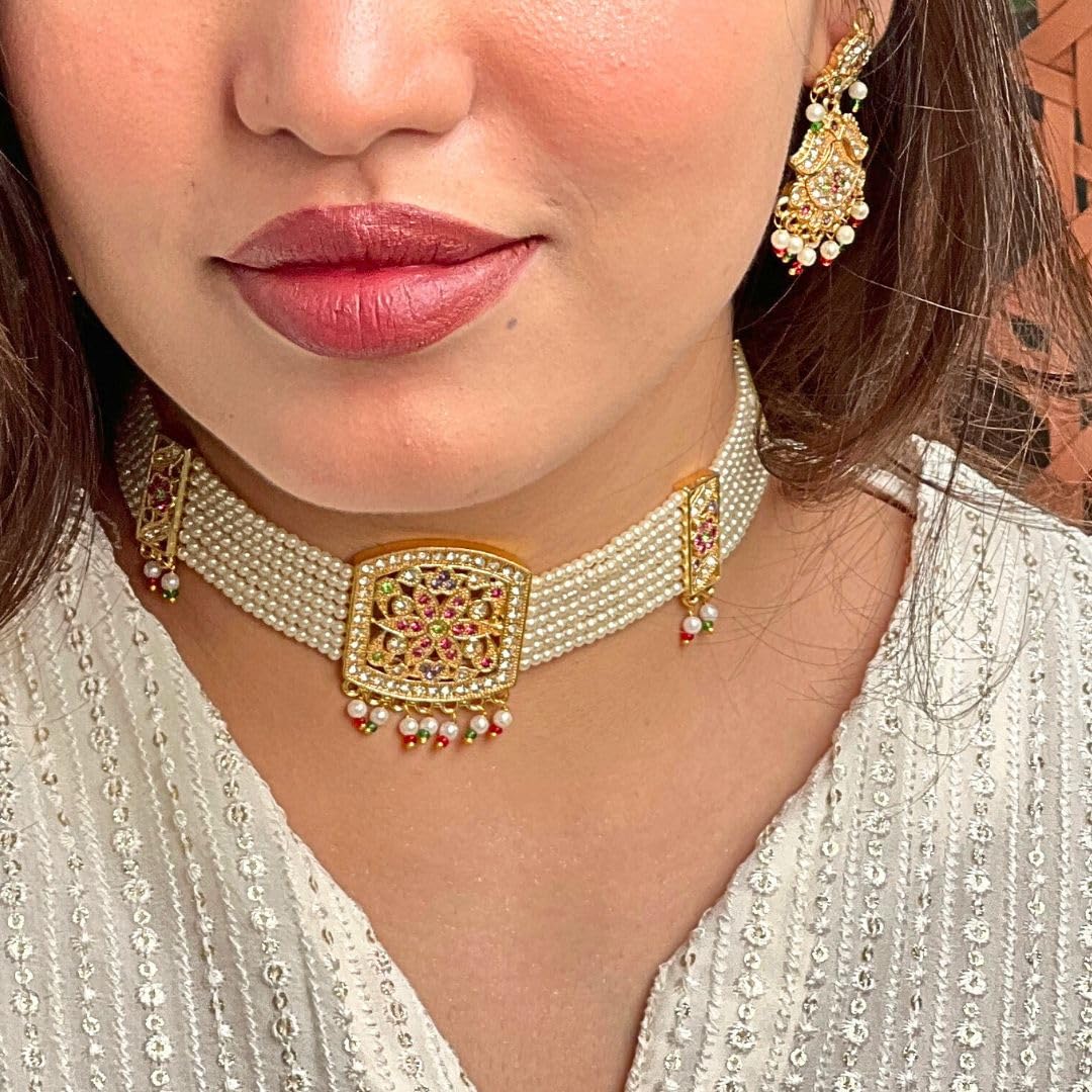 Jewellity Pearl Jadau Choker Necklace with Earrings, Gold Tone with Multicolour Gemstones For Women, Girls NSJ-906