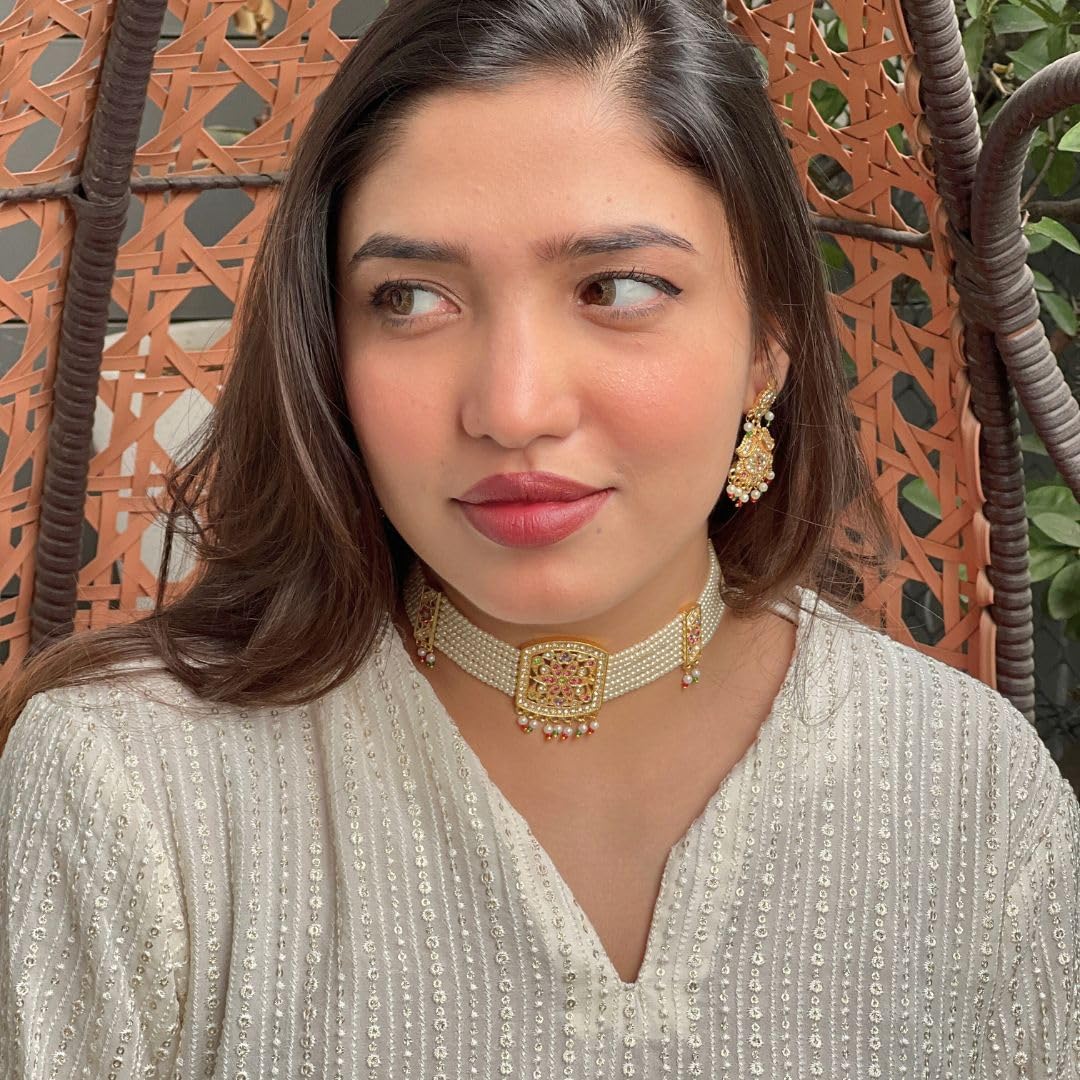 Jewellity Pearl Jadau Choker Necklace with Earrings, Gold Tone with Multicolour Gemstones For Women, Girls NSJ-906
