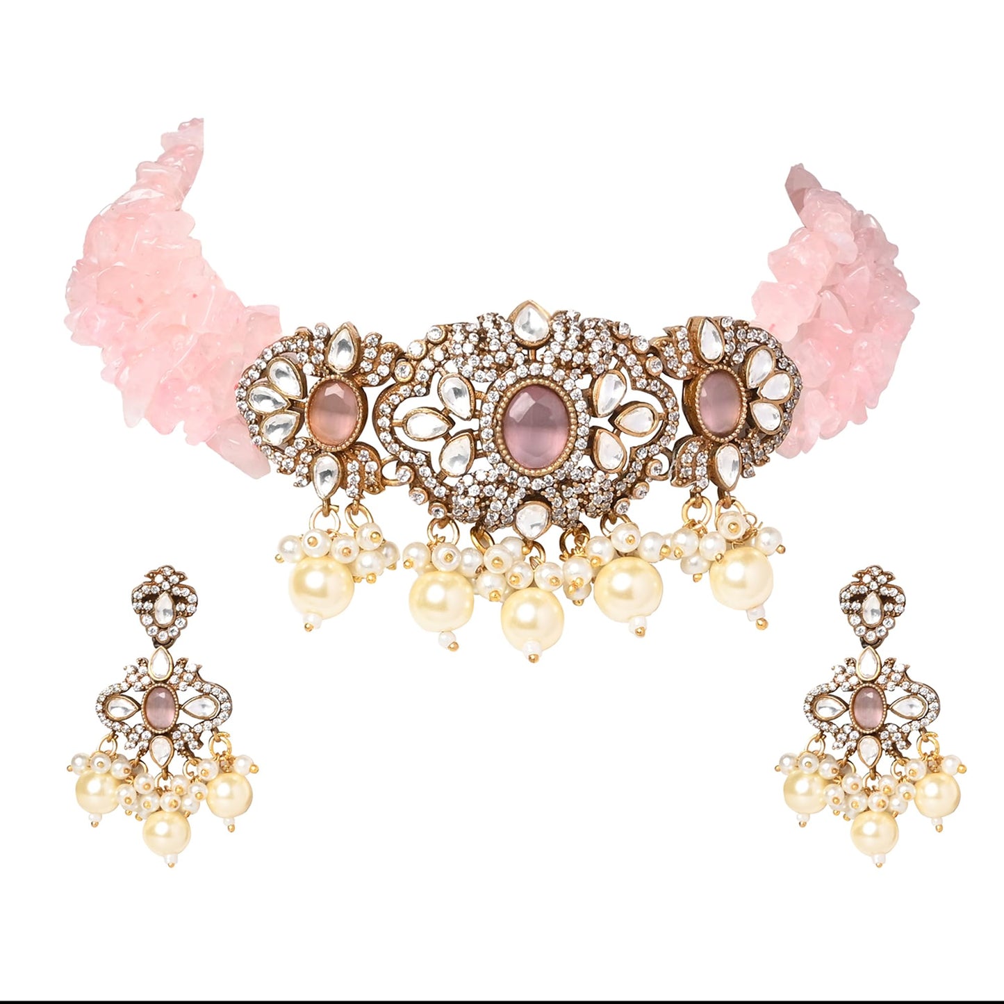 Jewellity Pink Stone AD Kundan Two Tone Choker Necklace With Earrings Set For Women/Girls NSK-5156-1