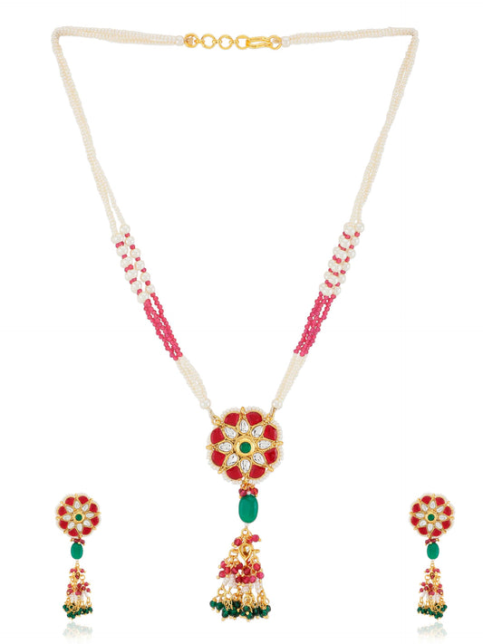 Jewellity Ruby Red, White and Green Designer Pendant Necklace With Earrings Set For Girls/Women PSG-199