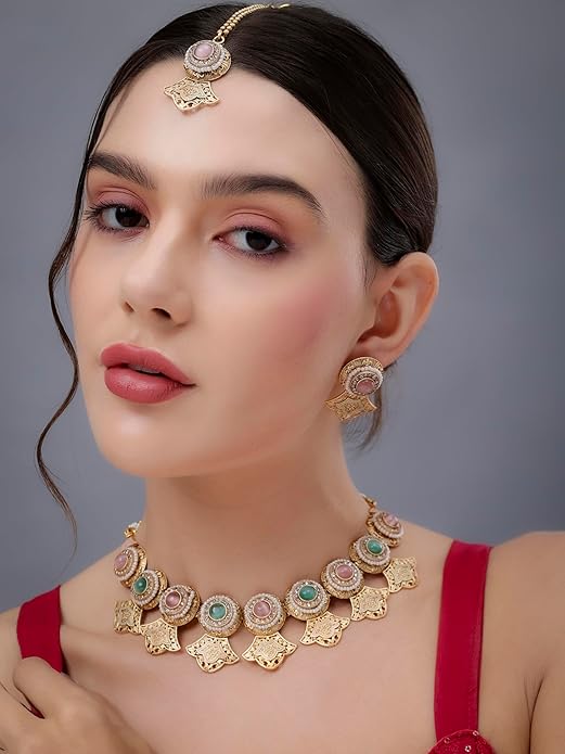 Temple Gold & Pastel Collar Necklace Set with Maang Tikka
