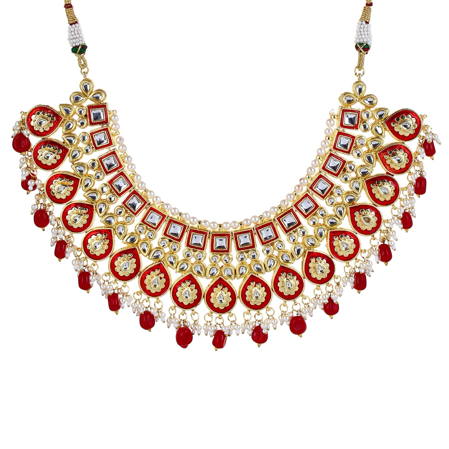 Jewellity Red And Golden Kundan Designer Traditional Necklace WIth Earring And Maang Tika Set For Wedding, Bridal, Engagement, Anniversary Jewellery For Womens And Girls
