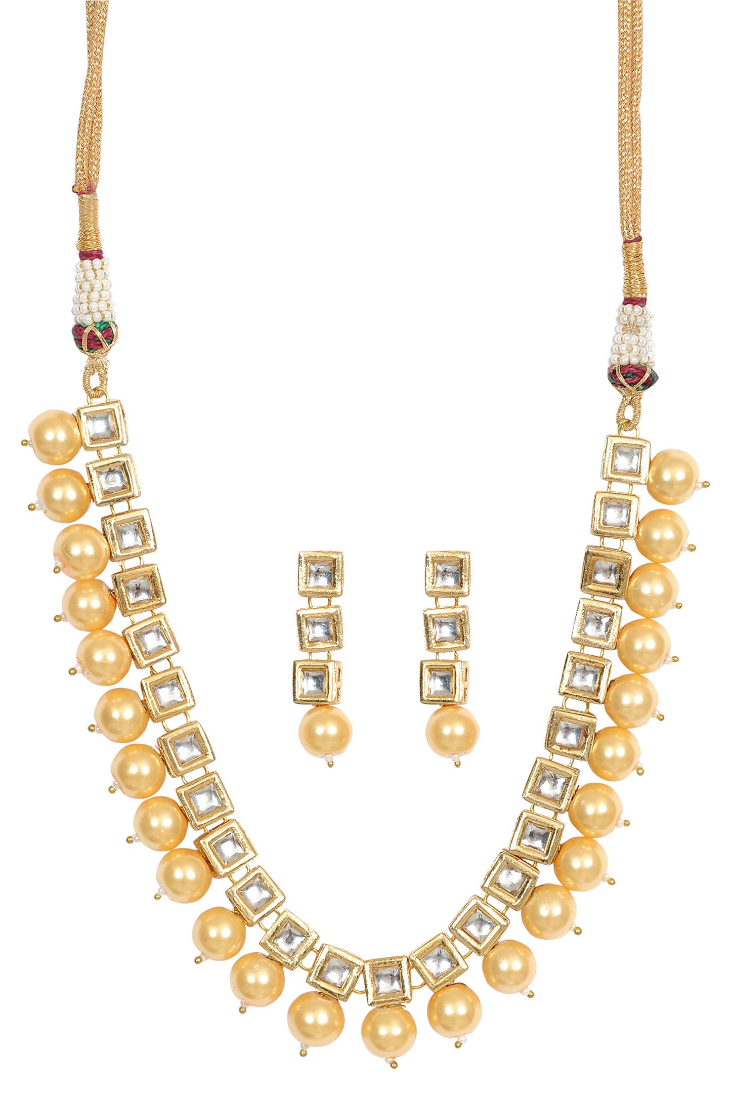 Square Kundan And Pearl Single Line Golden Designer Necklace Set For Women/Girls NSK-539