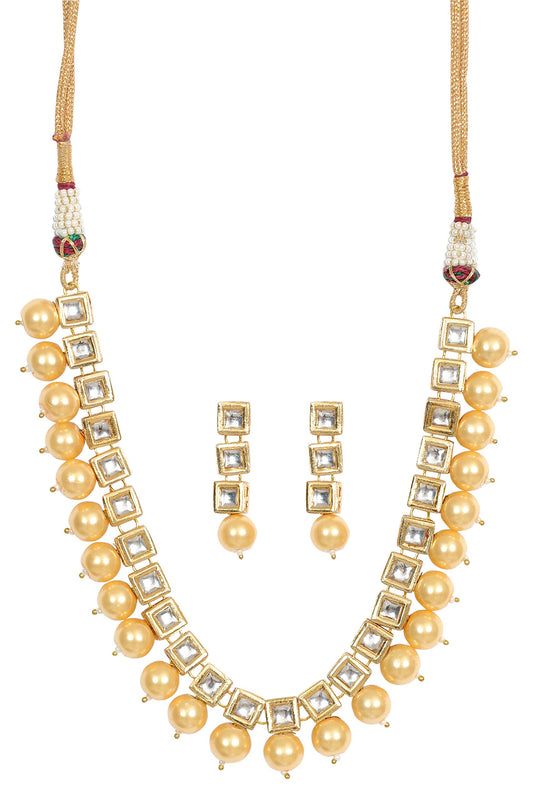 Square Kundan And Pearl Single Line Golden Designer Necklace Set For Women/Girls NSK-539