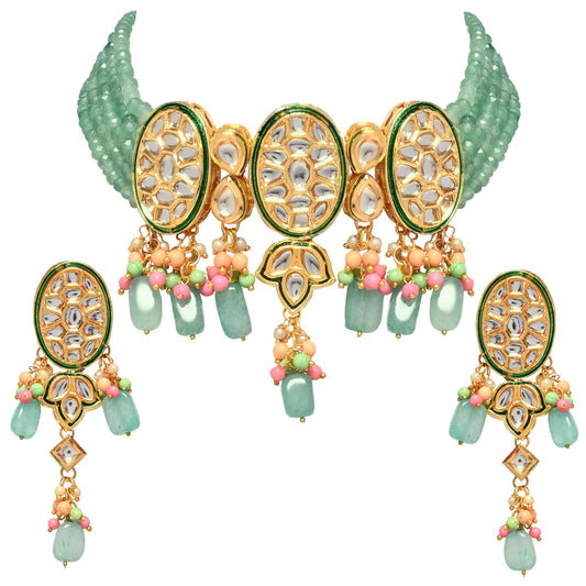 Jewellity Light Green Kundan Choker Designer Necklace with Long Earrings For Women/Girls NSK-5132