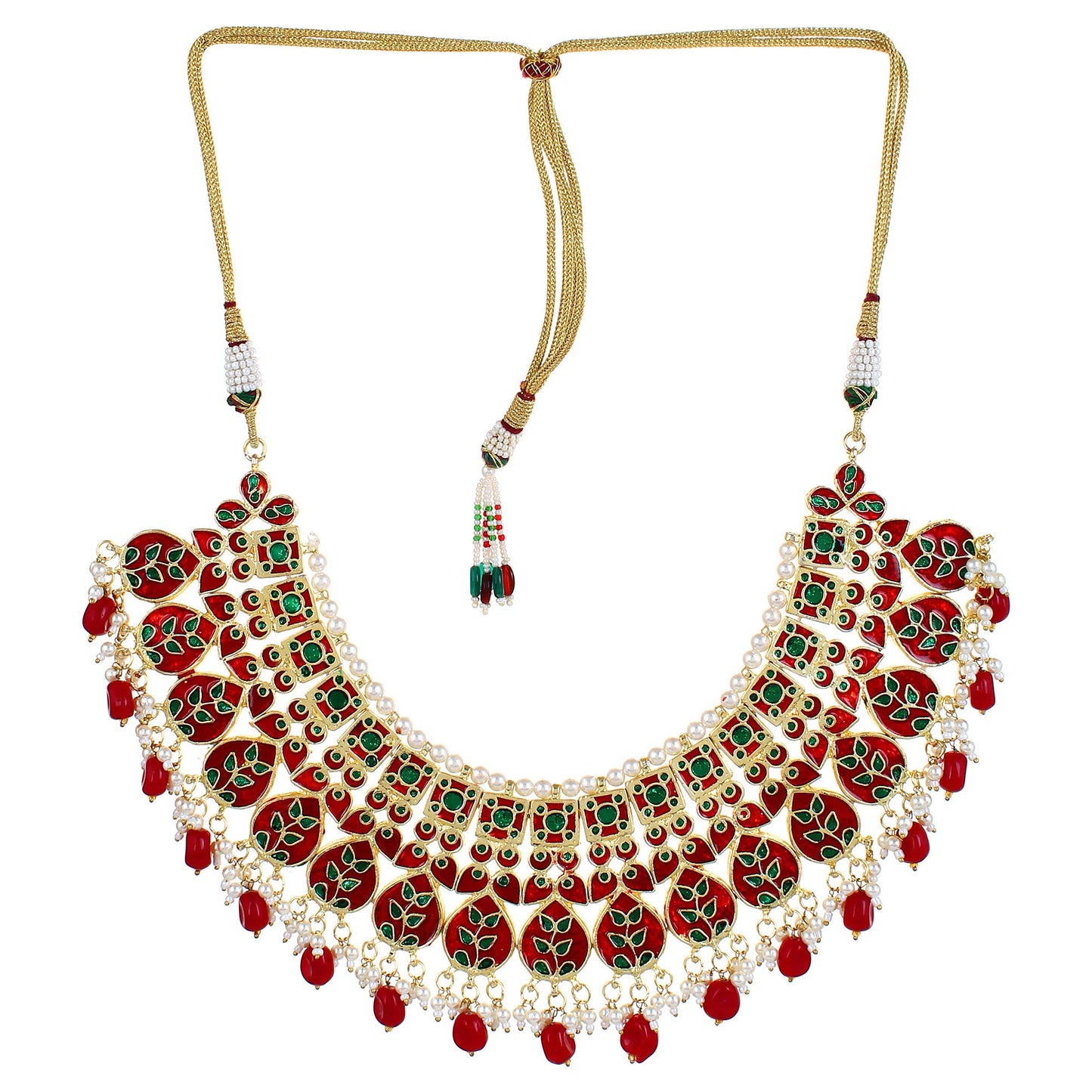 Jewellity Red And Golden Kundan Designer Traditional Necklace WIth Earring And Maang Tika Set For Wedding, Bridal, Engagement, Anniversary Jewellery For Womens And Girls