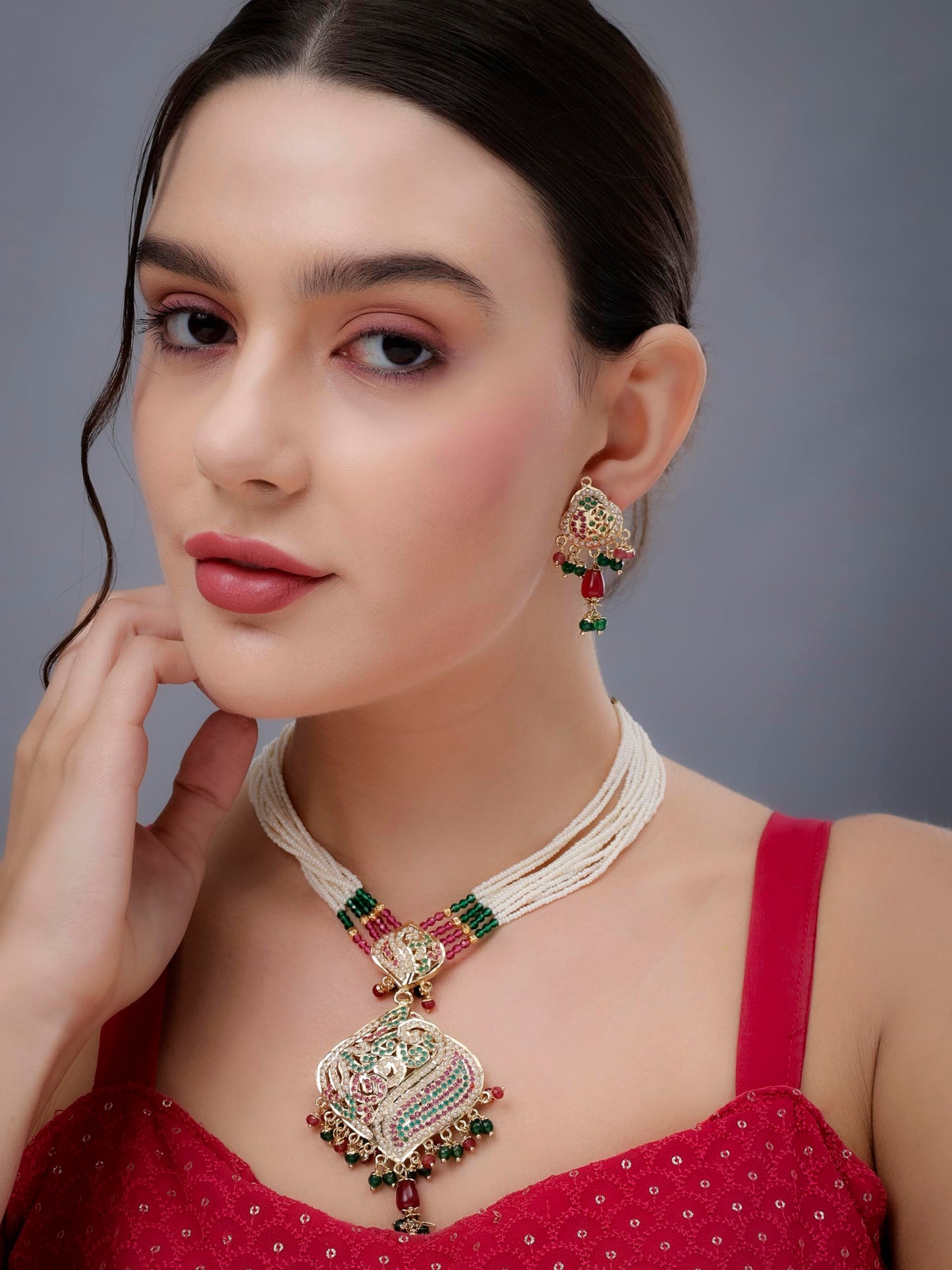 Jewellity Ruby Red, Green and White in Gold Designer Jadau Pendant Necklace With Earrings Set For Girls/Women PSJ-904