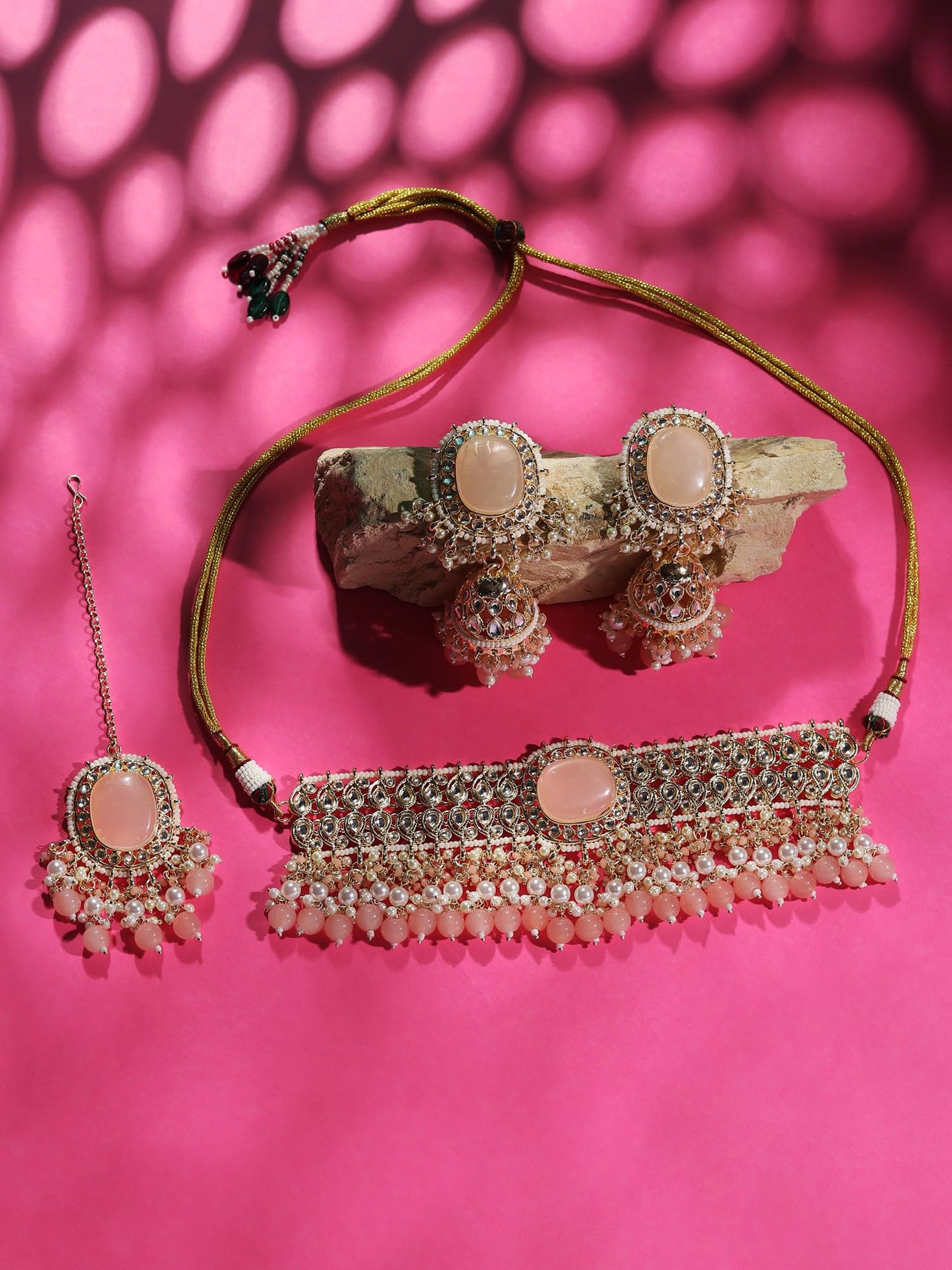 Jewellity Peach and Gold Designer Choker Necklace With Earrings and Tika For Women/Girls NSTK-5125