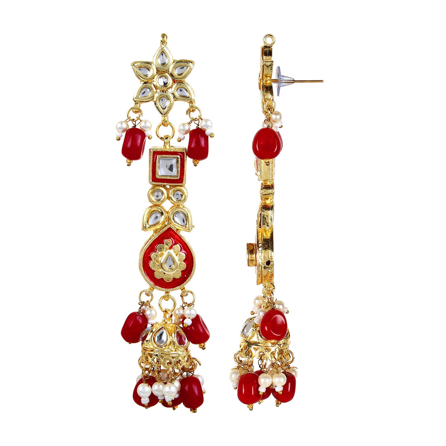 Jewellity Red And Golden Kundan Designer Traditional Necklace WIth Earring And Maang Tika Set For Wedding, Bridal, Engagement, Anniversary Jewellery For Womens And Girls