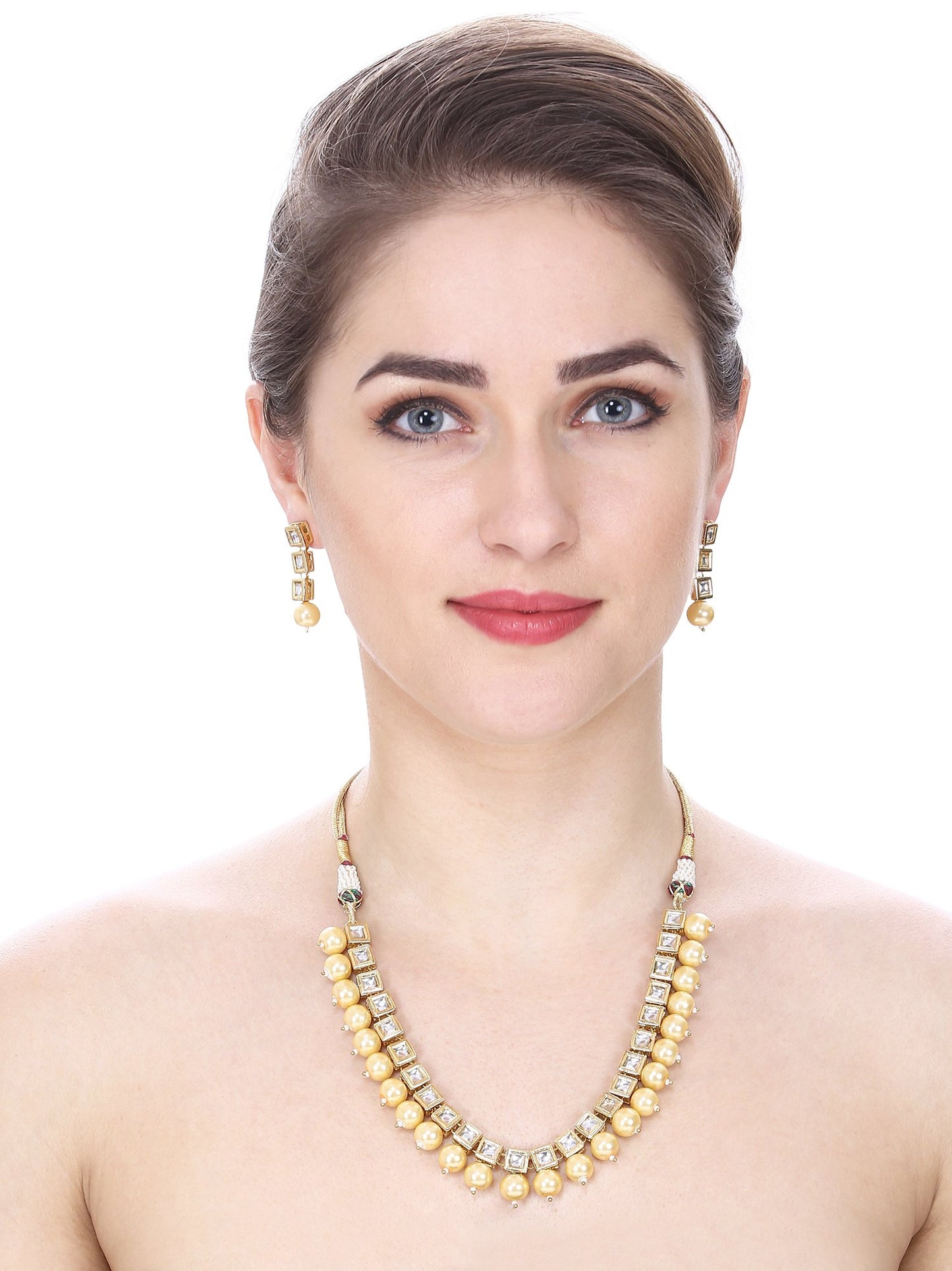 Square Kundan And Pearl Single Line Golden Designer Necklace Set For Women/Girls NSK-539