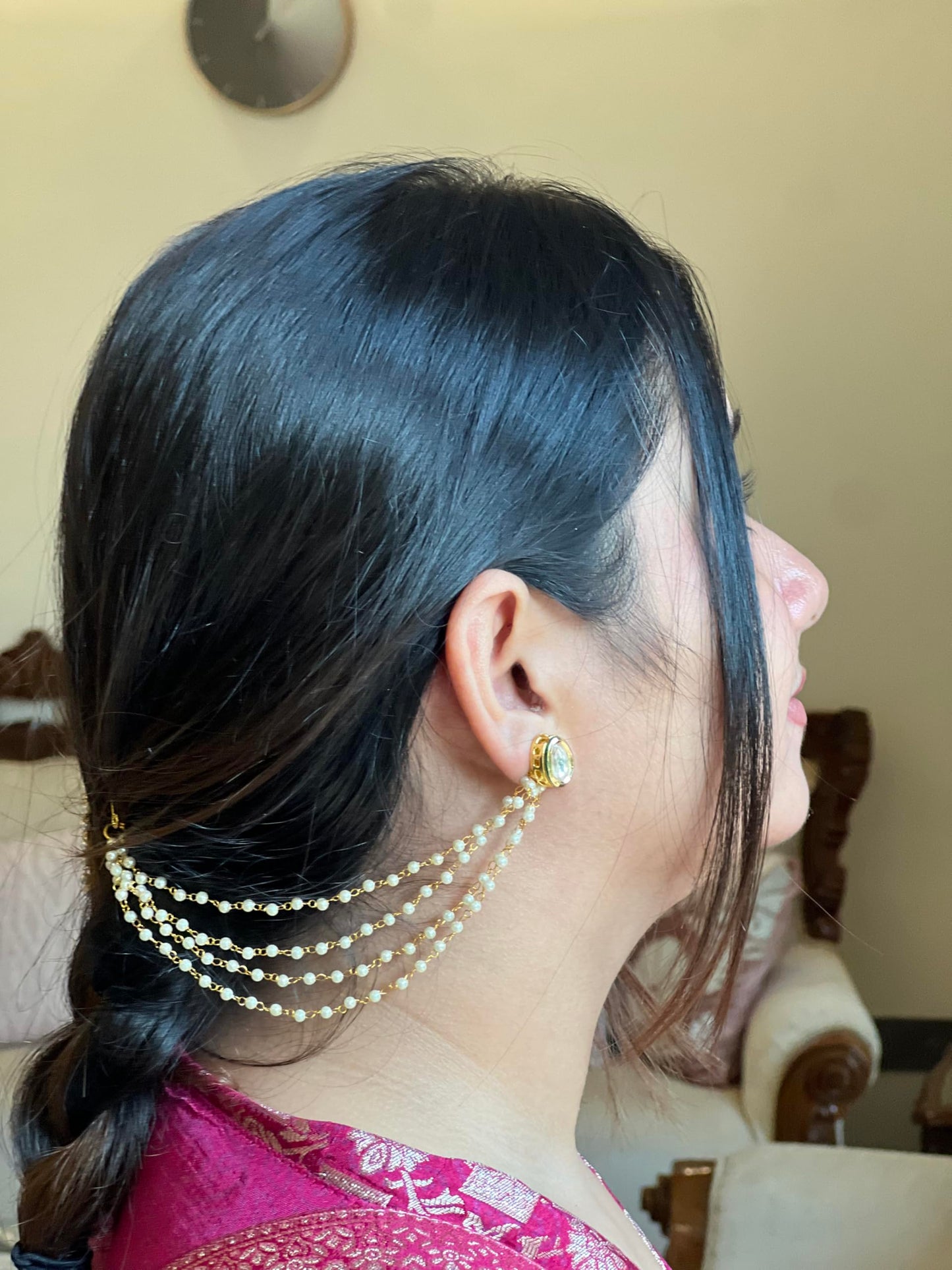 Jewellity White Pearls Ear Chains, Earring Supporter, Kaan Chain, Hair Chain for Women EC-204