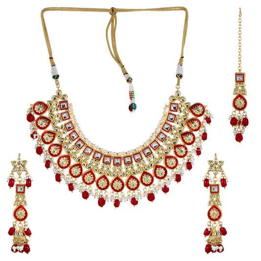 Jewellity Red And Golden Kundan Designer Traditional Necklace WIth Earring And Maang Tika Set For Wedding, Bridal, Engagement, Anniversary Jewellery For Womens And Girls