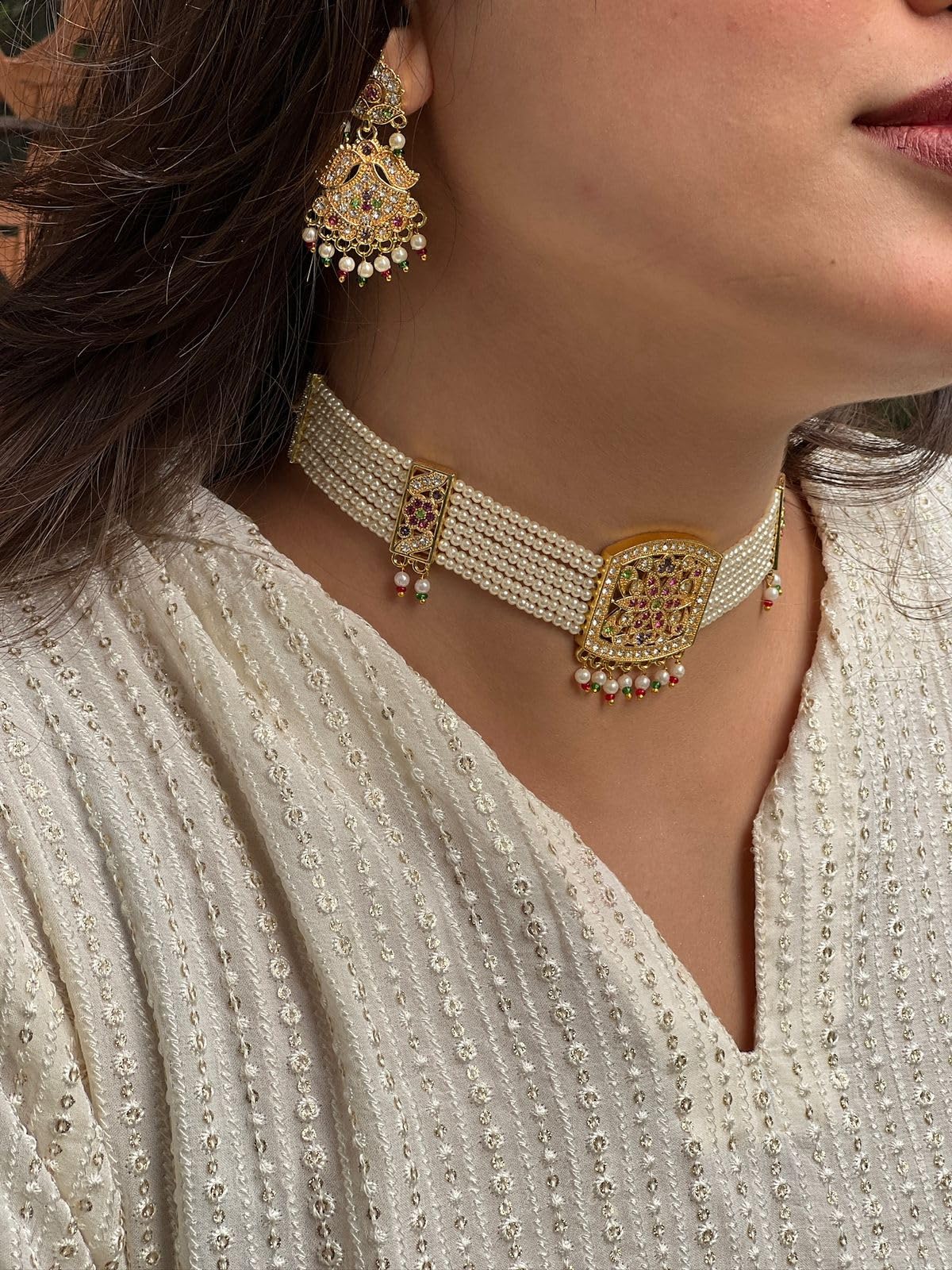 Jewellity Pearl Jadau Choker Necklace with Earrings, Gold Tone with Multicolour Gemstones For Women, Girls NSJ-906