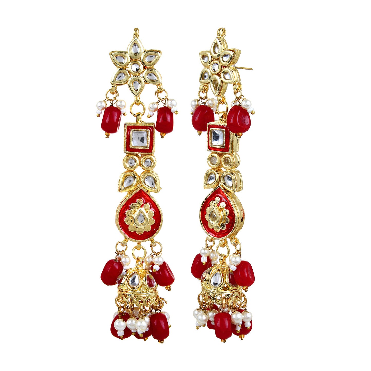 Jewellity Red And Golden Kundan Designer Traditional Necklace WIth Earring And Maang Tika Set For Wedding, Bridal, Engagement, Anniversary Jewellery For Womens And Girls