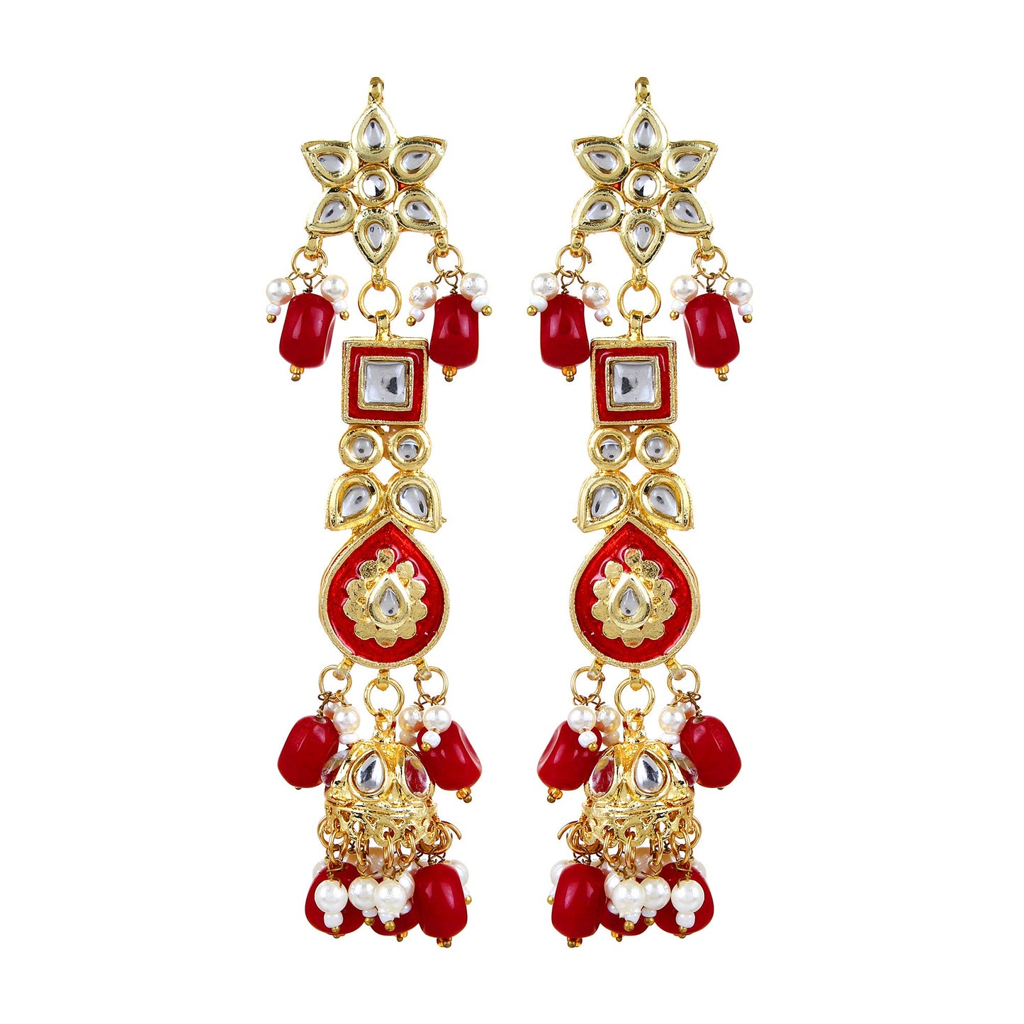 Jewellity Red And Golden Kundan Designer Traditional Necklace WIth Earring And Maang Tika Set For Wedding, Bridal, Engagement, Anniversary Jewellery For Womens And Girls