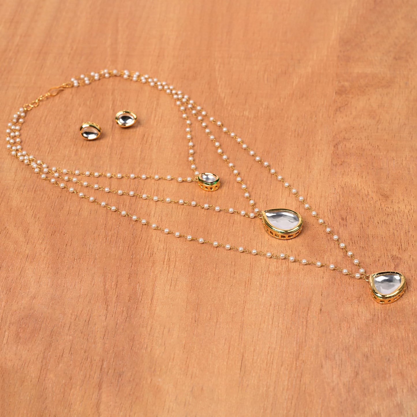 Jewellity Pearls Chain Necklace Set with Gold Kundan Drops and Studs For Girls/Women NSK-5261