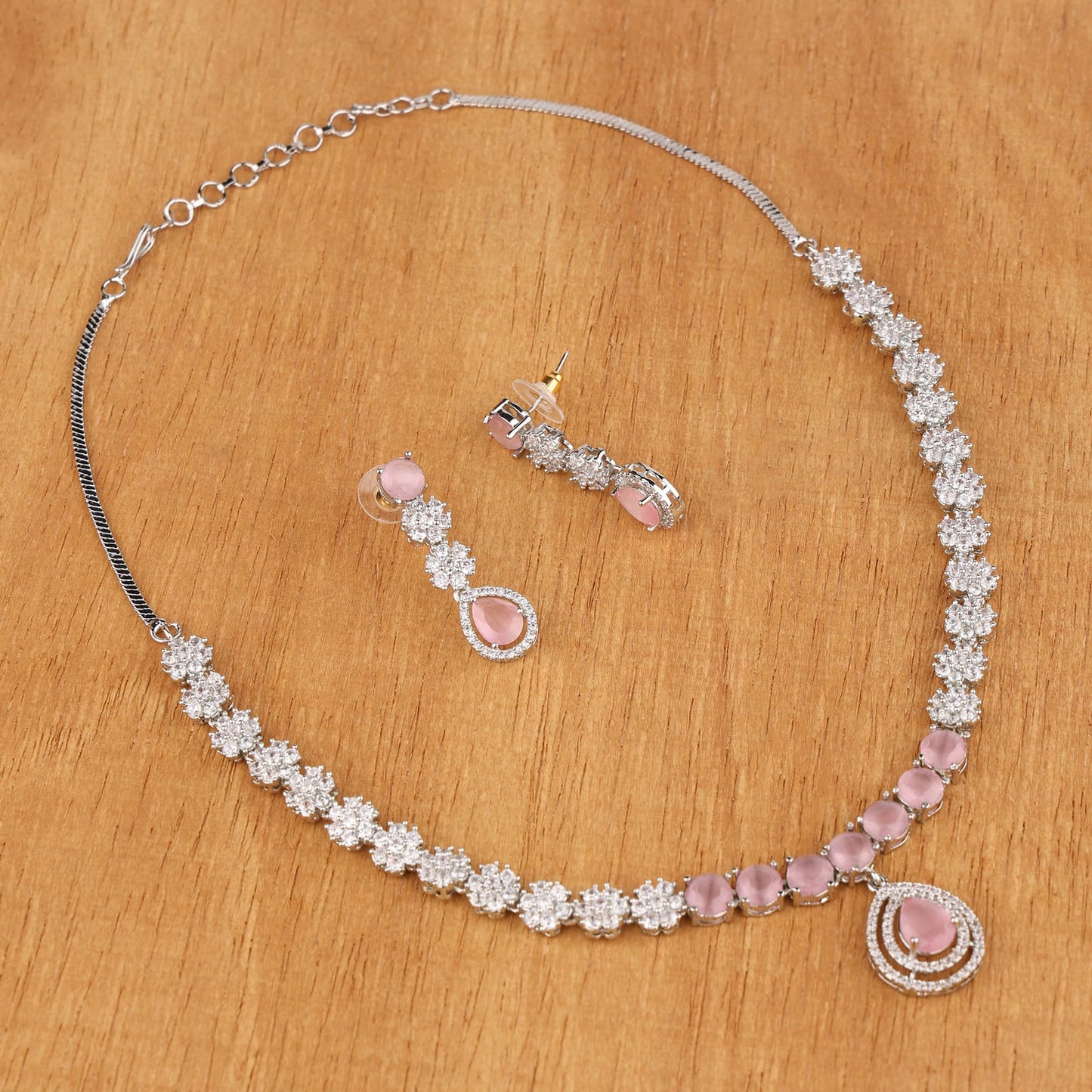 Pink and Silver Necklace with Long Earrings