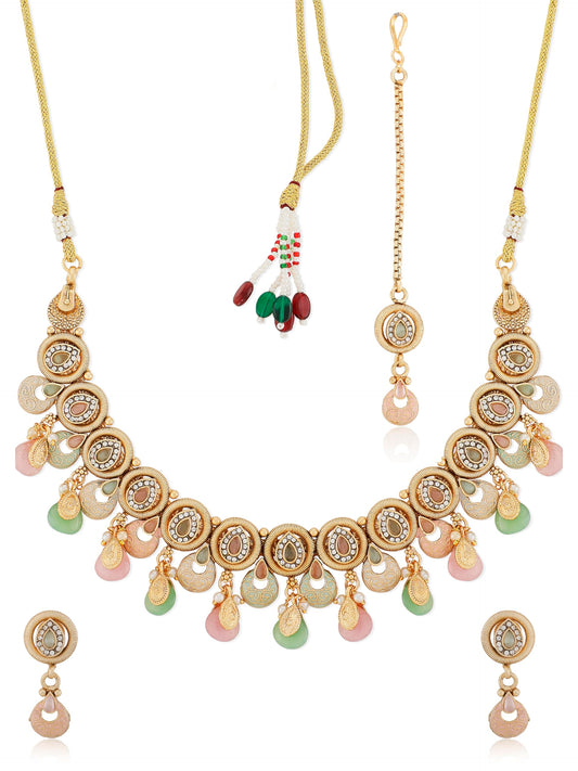 Jewellity Pastel colour Meenakari Gold Necklace With Earrings and Tika For Women/Girls NSTG-192