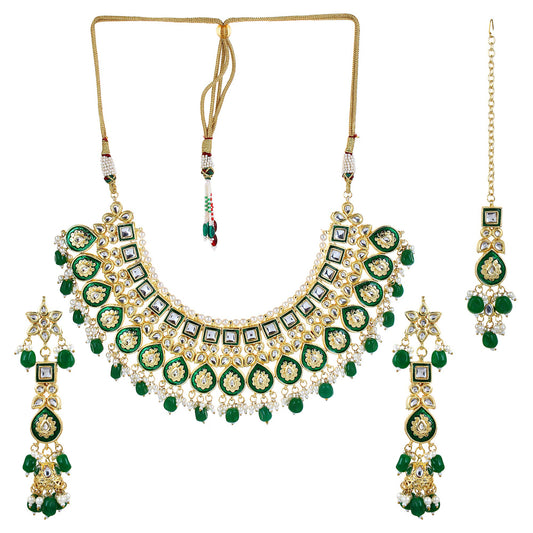Jewellity Green Kundan Designer Traditional/Bridal/Wedding/Ethnic Necklace Set With Earrings And Tika For Women NSK-5107