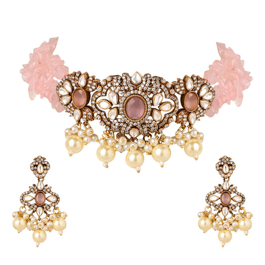 Jewellity Pink Stone AD Kundan Two Tone Choker Necklace With Earrings Set For Women/Girls NSK-5156-1