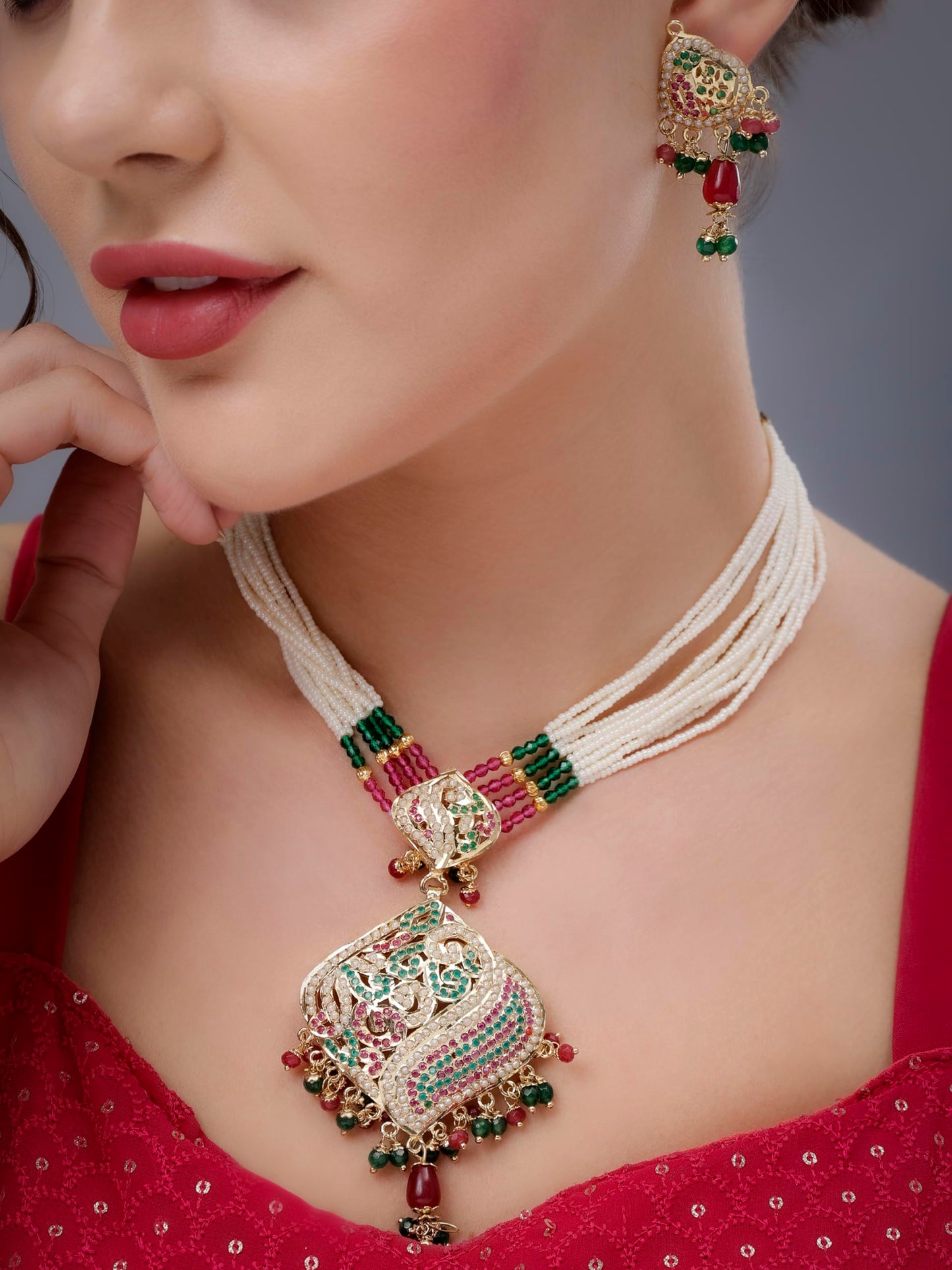 Jewellity Ruby Red, Green and White in Gold Designer Jadau Pendant Necklace With Earrings Set For Girls/Women PSJ-904