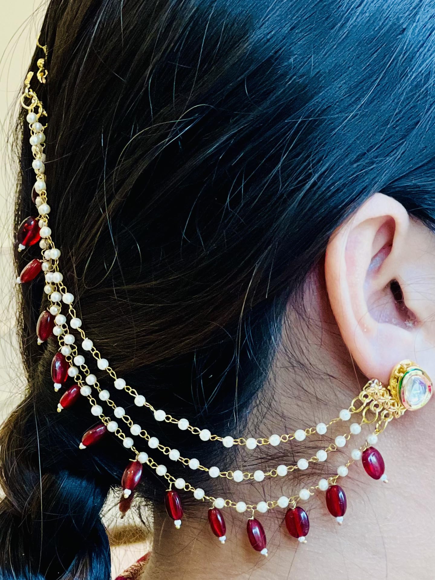Jewellity Pearl and Ruby Red Beaded Hair Accessory Ear Chain Earring Supporter For Women/Girls EC-205