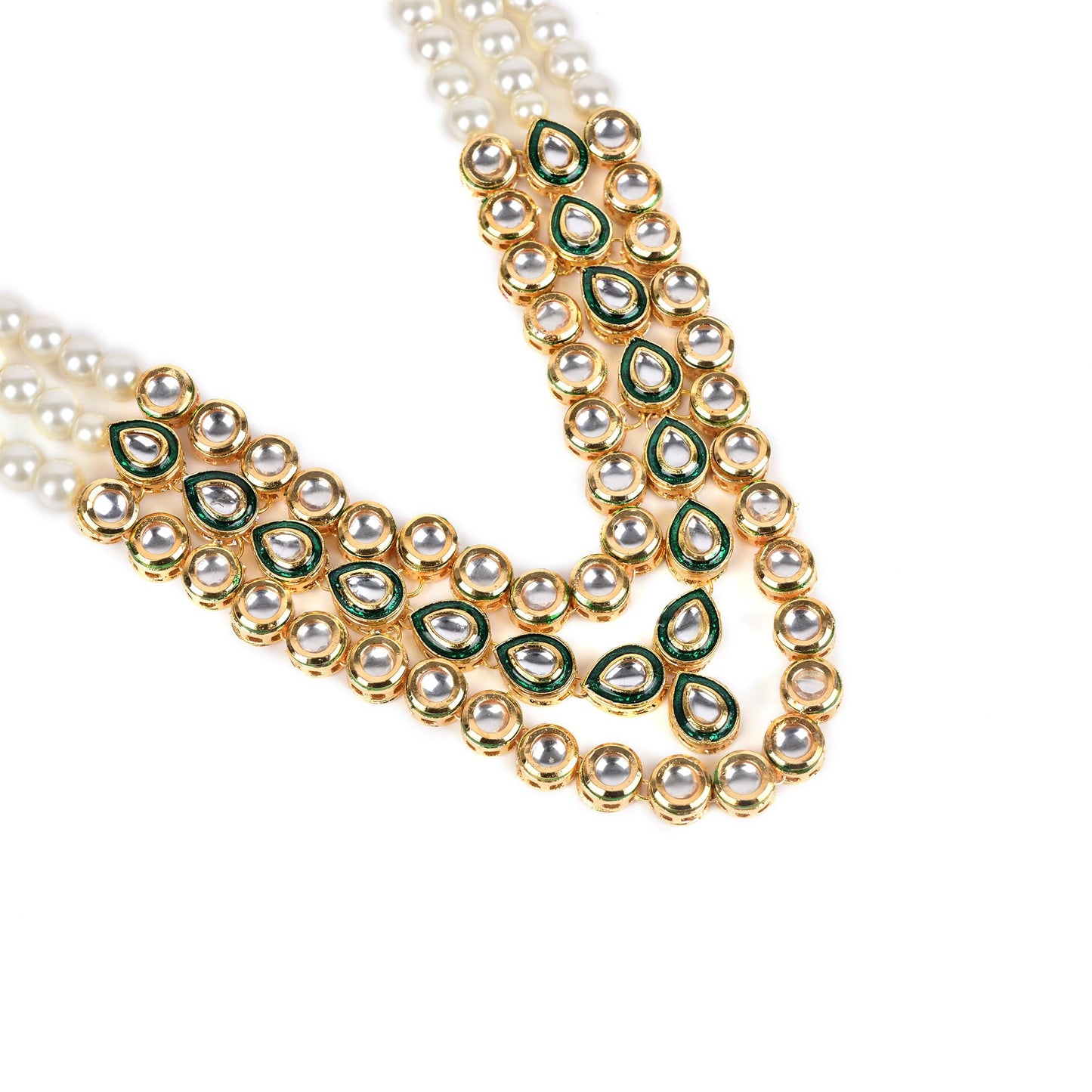 Traditional Multi-Strand Green Kundan Stones  Pearl Necklace