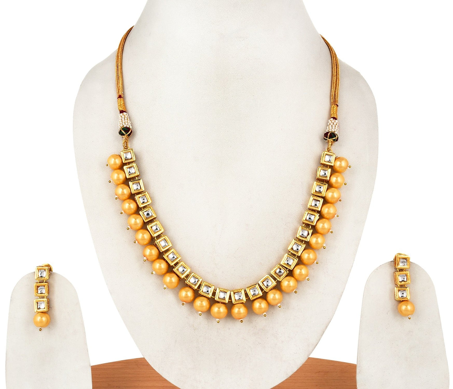 Square Kundan And Pearl Single Line Golden Designer Necklace Set For Women/Girls NSK-539