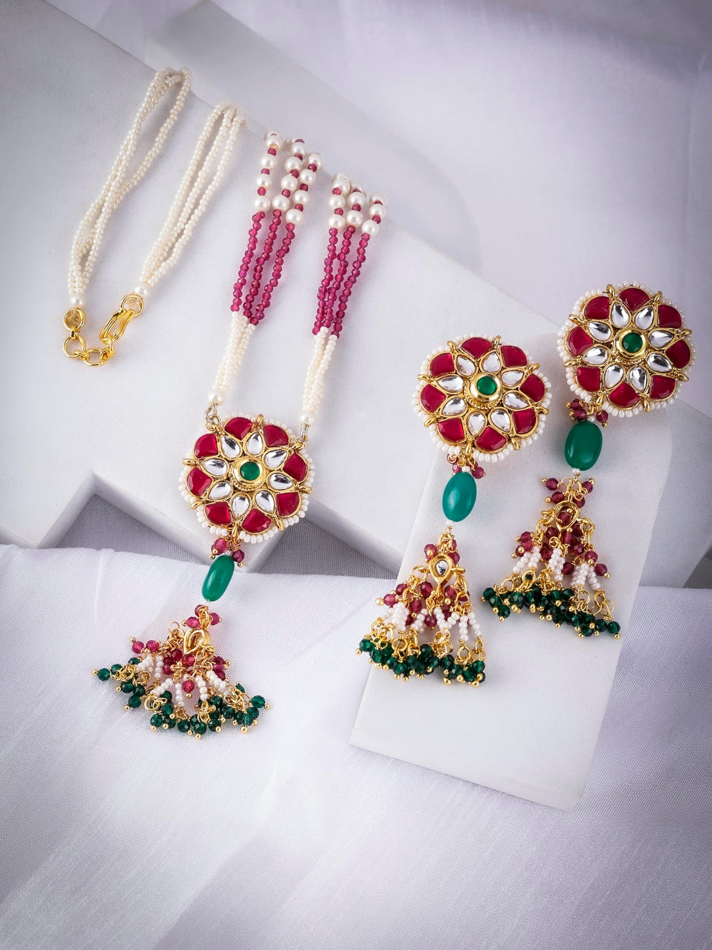 Jewellity Ruby Red, White and Green Designer Pendant Necklace With Earrings Set For Girls/Women PSG-199
