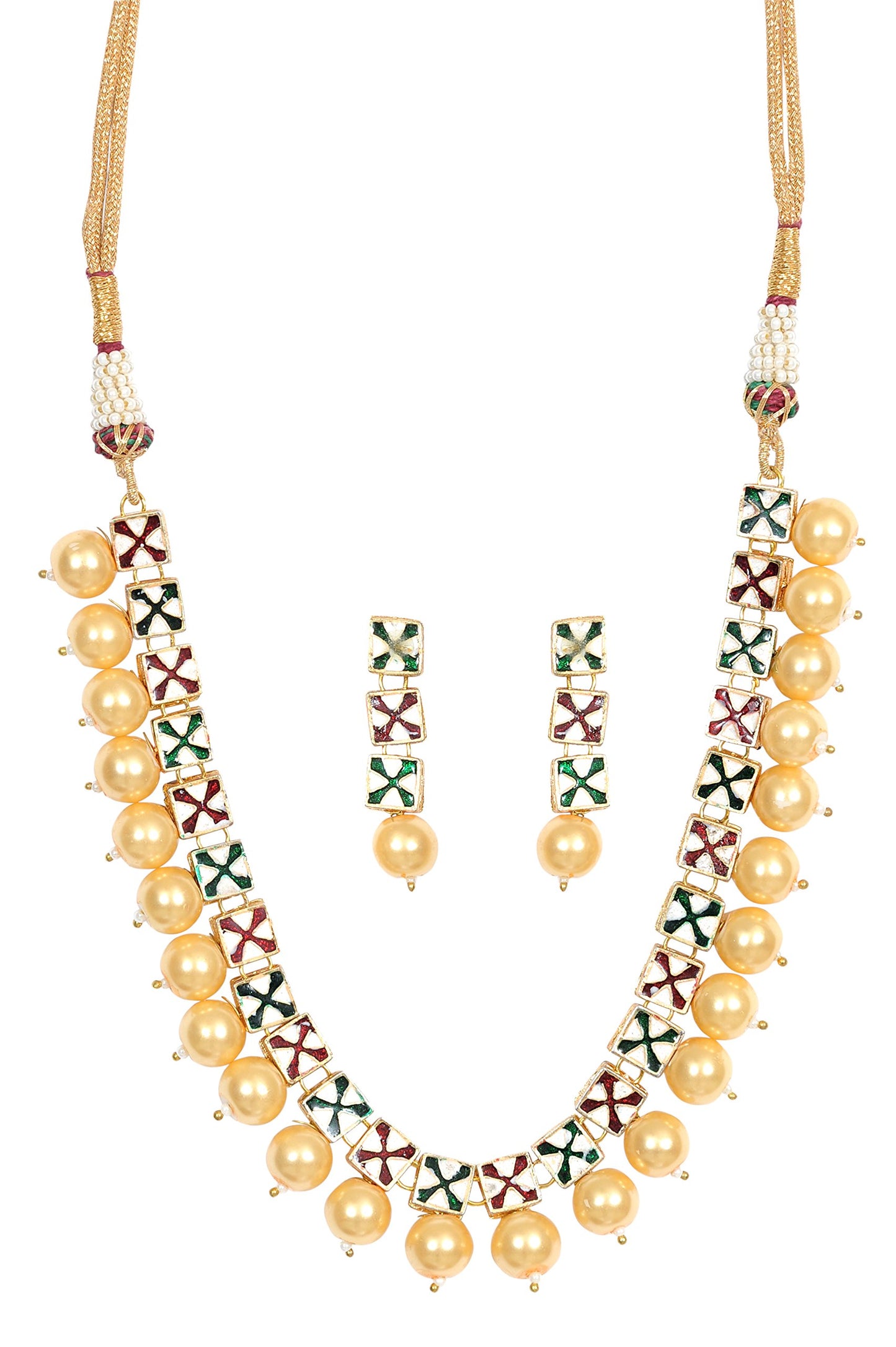 Square Kundan And Pearl Single Line Golden Designer Necklace Set For Women/Girls NSK-539