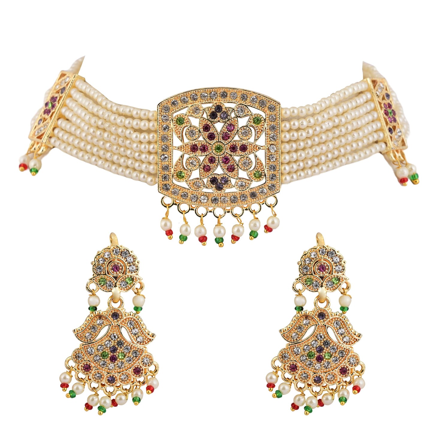 Jewellity Pearl Jadau Choker Necklace with Earrings, Gold Tone with Multicolour Gemstones For Women, Girls NSJ-906