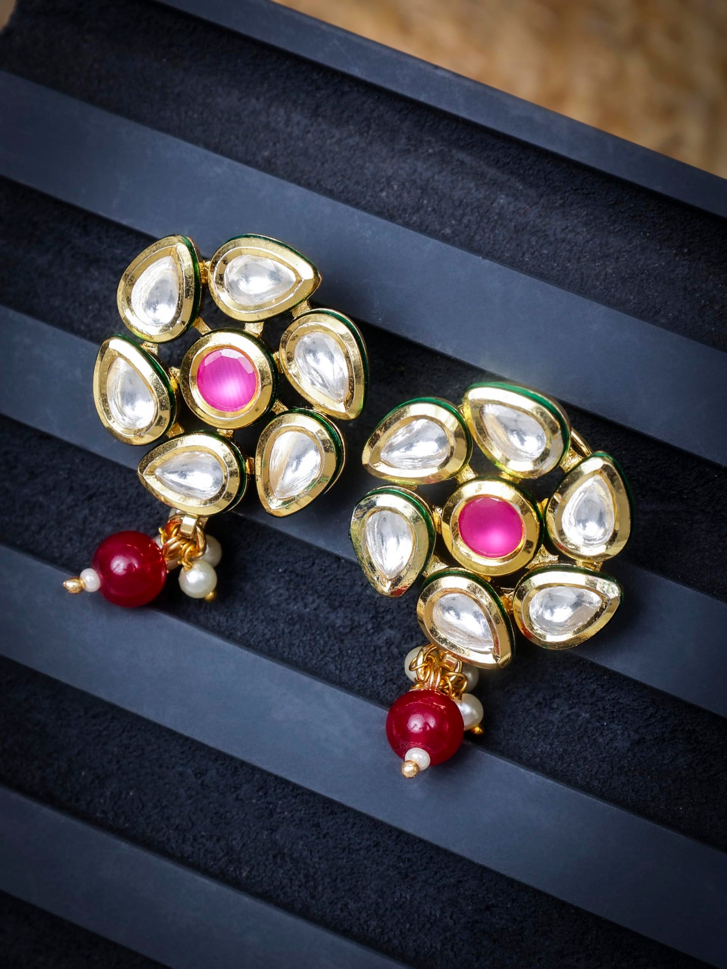 Jewellity Red Stone with Kundan in Gold Ethnic/Traditional/Stud Earrings with Red Bead Drop for Women/Girls ERK-5213