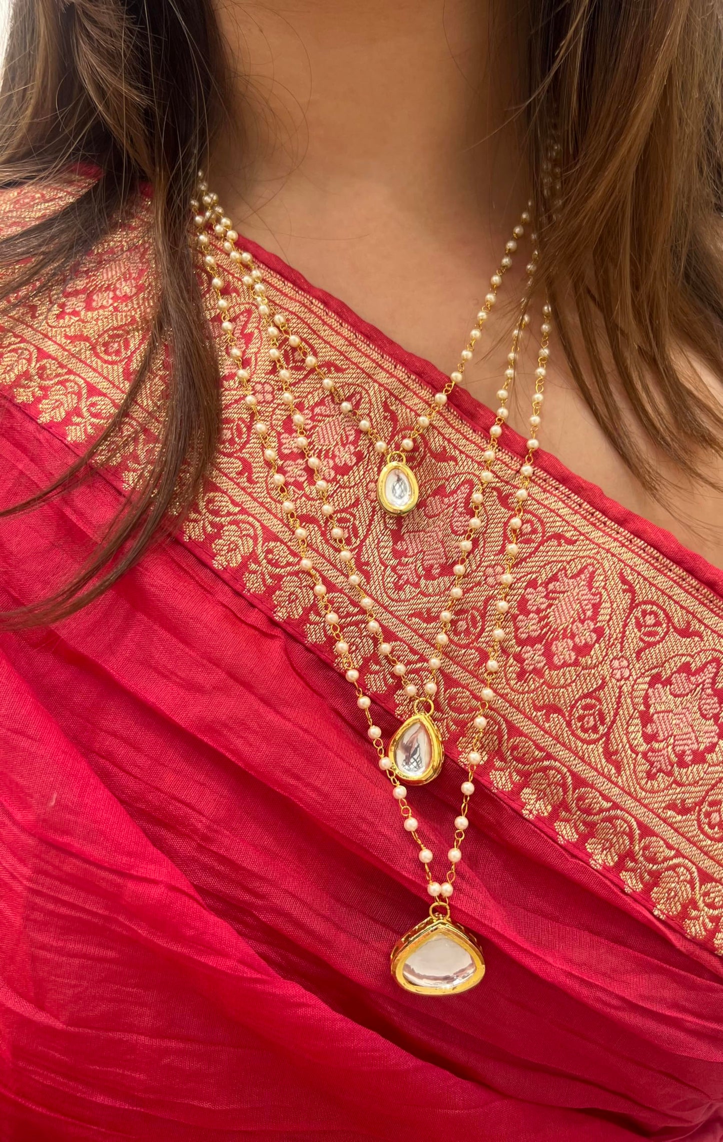 Jewellity Pearls Chain Necklace Set with Gold Kundan Drops and Studs For Girls/Women NSK-5261