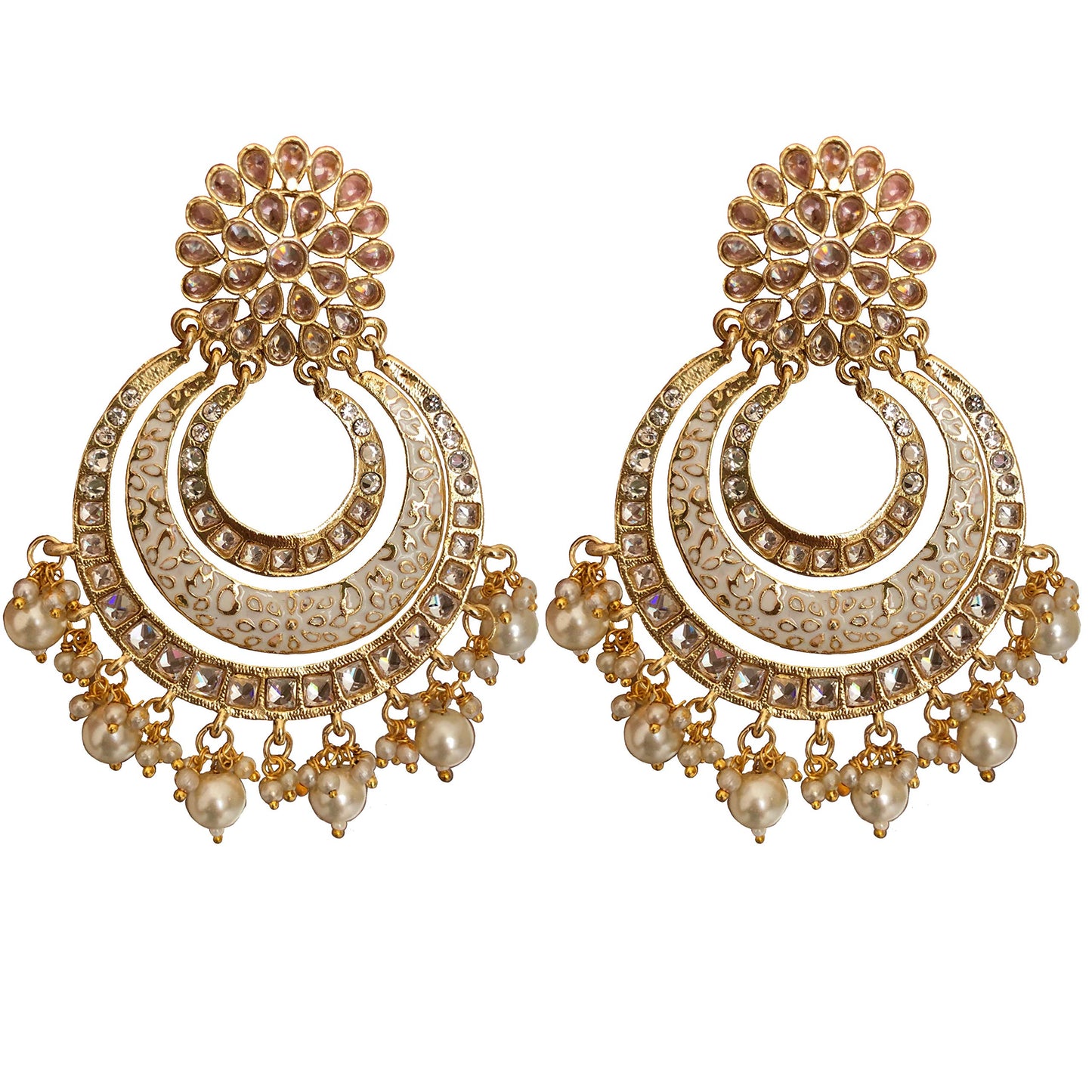 Jewellity White and Gold Jaipuri Handpainted Chandbali Exclusive Designer Dangler Earrings For Women and Girls ERG-169