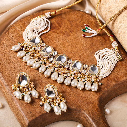 Kundan and Pearls Choker Necklace and Earrings Set